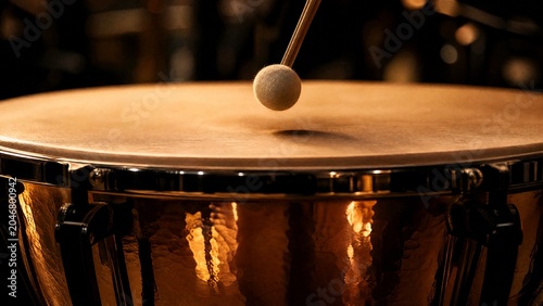 timpani. Close-up of a timpani drumhead with a drumstick poised just above its center. event programs, museum guides, designed for cultural heritage projects and event programs, preserves heritage.