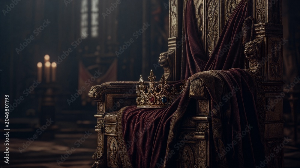 Naklejka premium regalia. A jeweled crown placed on an empty, ornate velvet-draped throne. event programs, museum guides, designed for cultural heritage projects and event programs, elevates cultural identity.