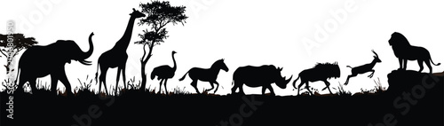 Canvas Print African Safari Wildlife Silhouette Panorama Featuring Elephant Giraffe Ostrich H