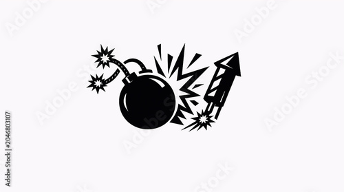 Canvastavla Black and White Graphic of Pyrotechnics and Explosives, Artistic Silhouette of E