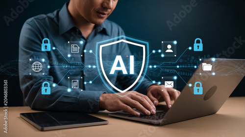Man working on laptop with ai security shield