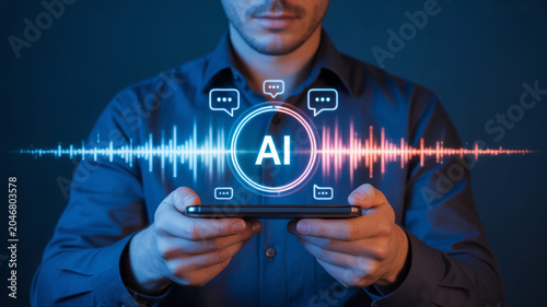 Man holding smartphone with ai interface