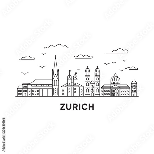 zurich skyline line art cityscape architecture church