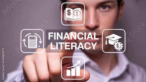 Man interacting with financial literacy icons on virtual screen