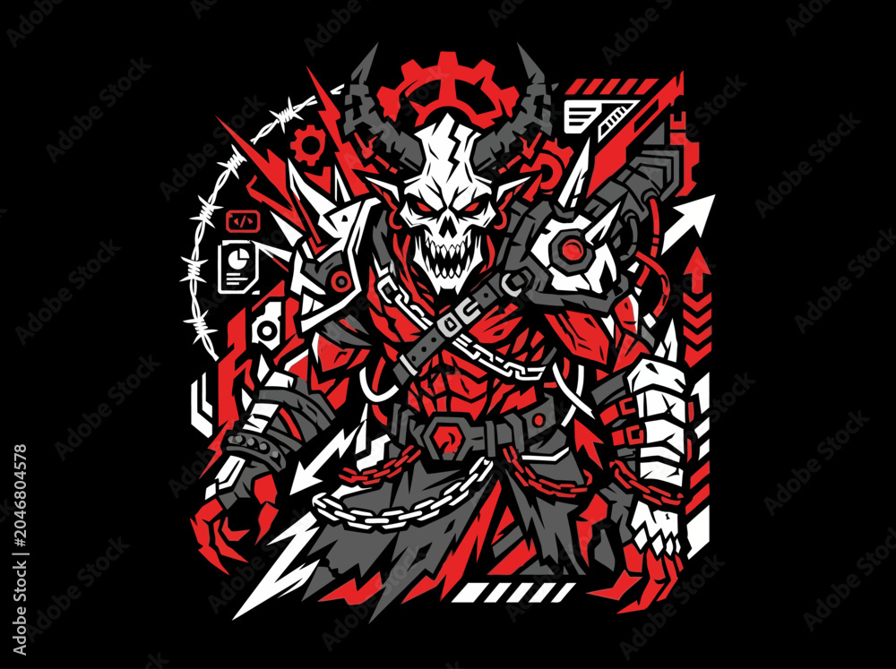 Fototapeta premium Fierce skeletal warrior with mechanical armor and horns