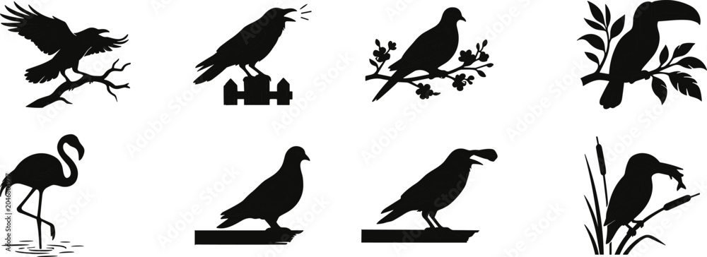 Fototapeta premium Black Bird Silhouette Collection Set with Crow Toucan Flamingo Pigeon Kingfisher and Perched Wild Birds Vector