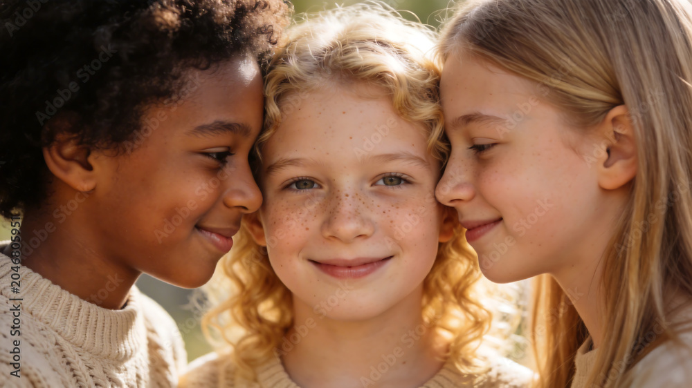 Fototapeta premium three children close together emphasizing modern aesthetics and minimalist design