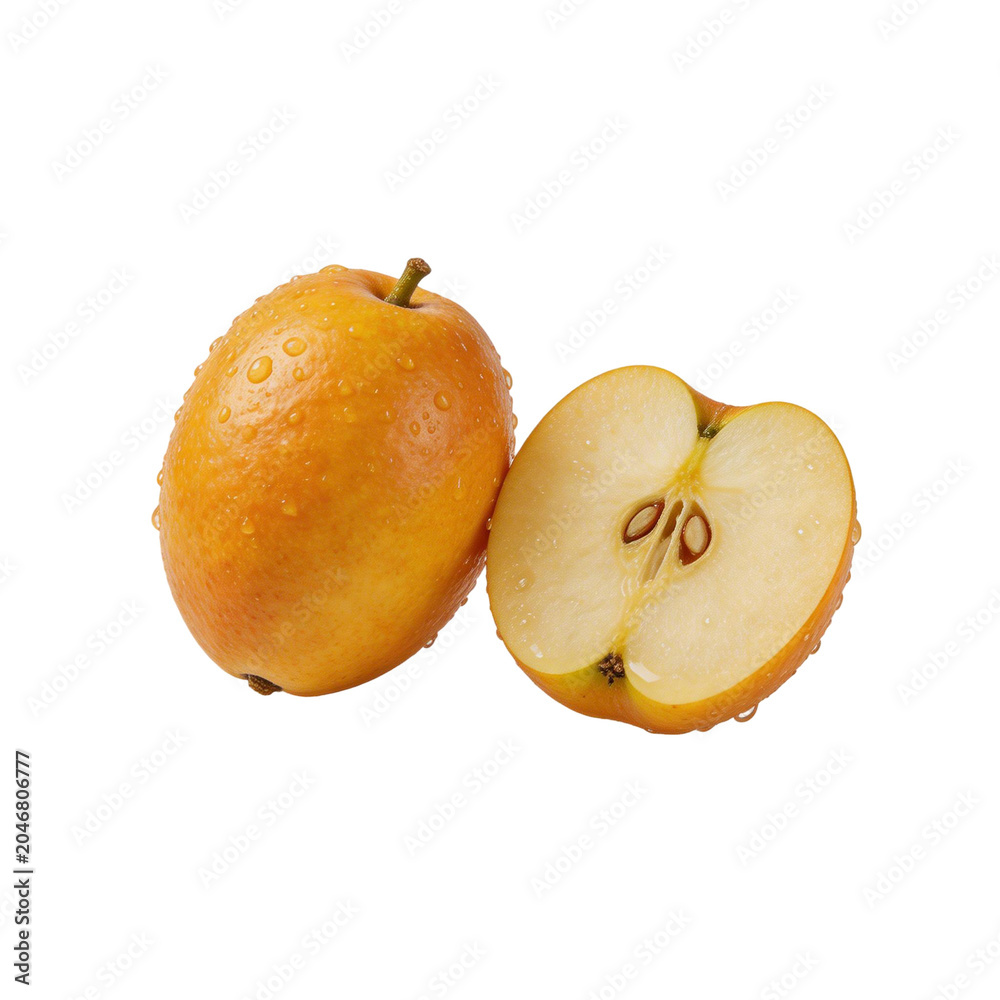 Fototapeta premium Fresh and nutritious golden jujube fruits a healthy snack, with one whole fruit and a halved specimen displaying natural goodness and its seeds