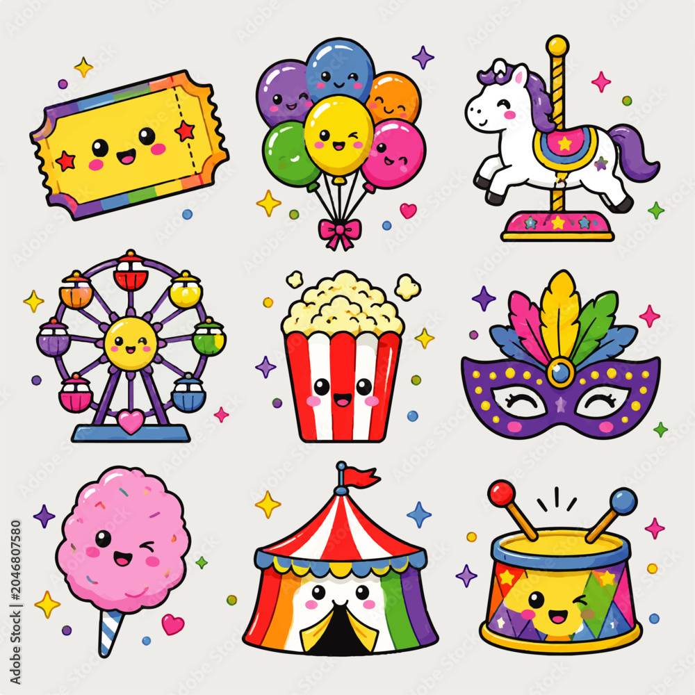 Fototapeta premium Cute Kawaii Carnival Fun Doodle Icon Set with Ticket Balloon Carousel Ferris Wheel Popcorn Mask Cotton Candy Circus Tent