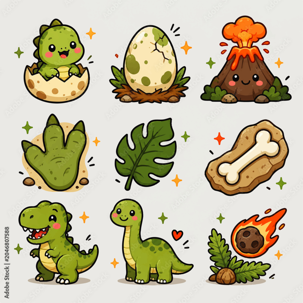 Fototapeta premium Cute Dinosaur Doodle Icon Set Kawaii Prehistoric Sticker Collection