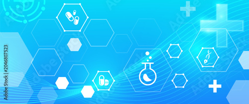 Bright blue abstract background features modern medical, scientific, and pharmaceutical research icons in hexagonal frames with subtle geometric patterns and waves, ideal for healthcare.