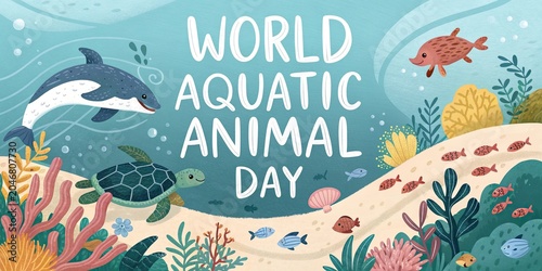 World aquatic animal day underwater scene with dolphin turtle fish and ocean wildlife banner