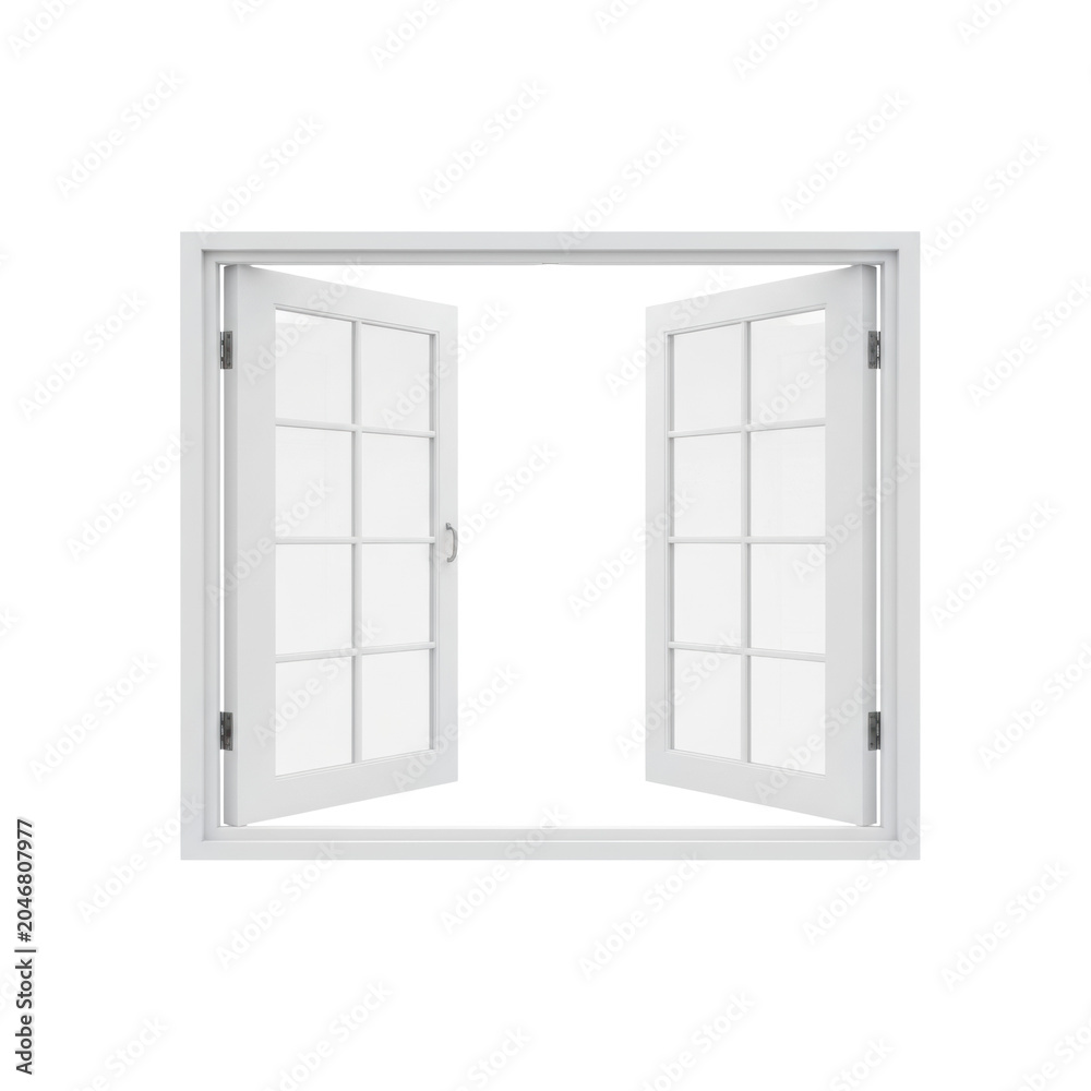 Obraz premium Classic double-casement window with open wooden sashes and multiple glass panes centered against a seamless transparent background, concept of airy architectural purity