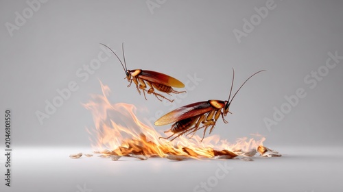 Two Cockroaches in Flight Above Flames on a Bright Background