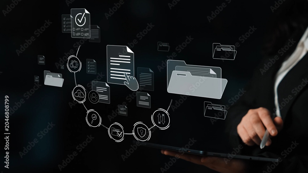 Fototapeta premium Document management system for secure file storage, organized access, and efficient digital workflow including verification, upload, analytics, and approval process Marrow