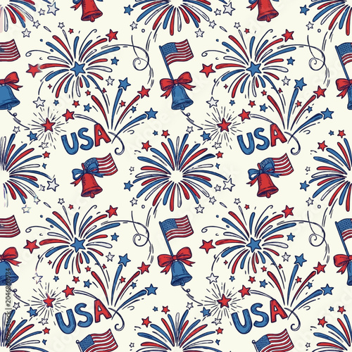 Fourth of July Fireworks Seamless Pattern Vector Background