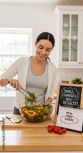 Woman preparing fresh salad in modern kitchen.