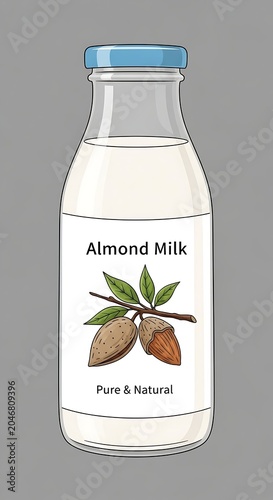 Glass bottle of pure almond milk with almonds.