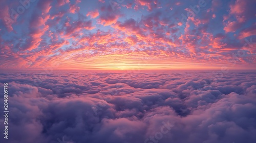 Aerial view of serene sky filled with fluffy clouds during golden hour sunset