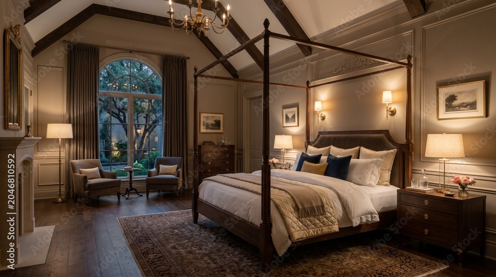 Fototapeta premium Luxurious bedroom with four poster bed and elegant decor