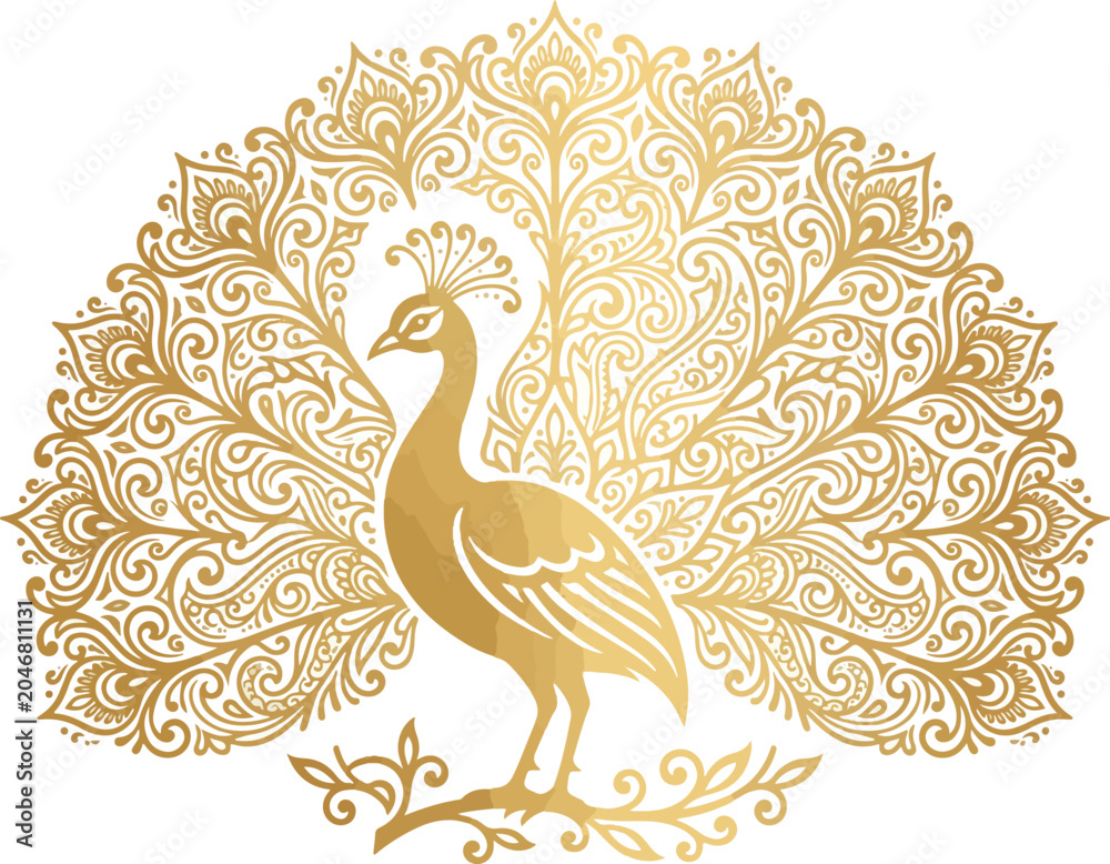 Fototapeta premium Luxurious Gold Ornate Peacock Silhouette with Decorative Floral Tail