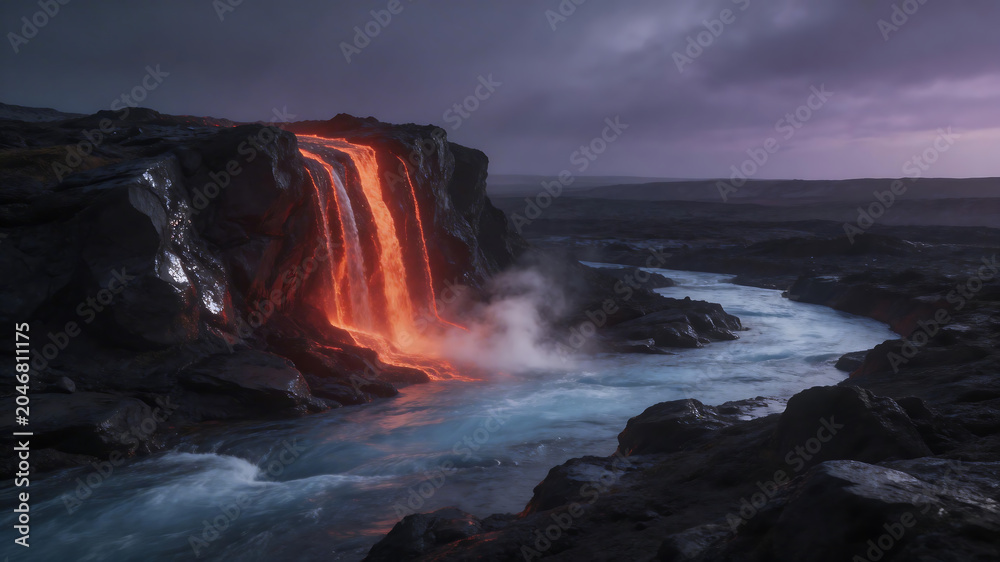 Fototapeta premium Lava waterfall flowing into river emphasizing natural beauty and pristine environments