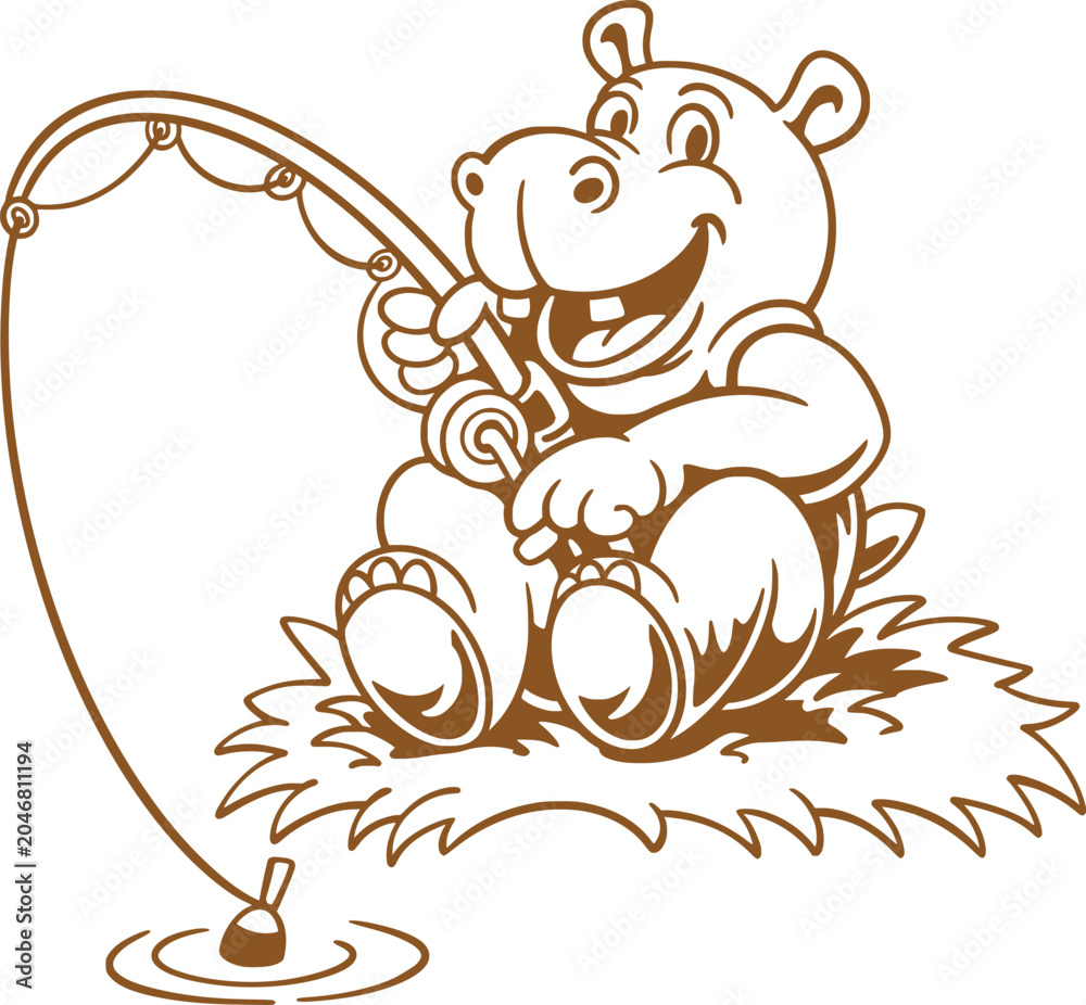 Fototapeta premium Minimal brown line illustration of a cheerful bear fishing with rod and hook while sitting on grass, shown front-facing in a playful outdoor scene