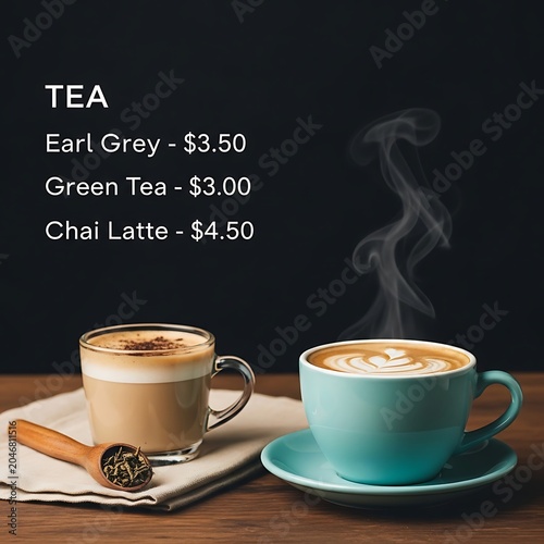 Elegant tea cups with price list on dark background.