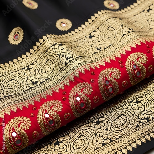 Exquisite Black and Gold Indian Sari with Red Border and Paisley Motifs - Traditional Ethnic Wear