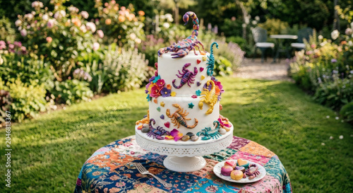 Vibrant Scorpion Themed Celebration Cake in Garden Setting
