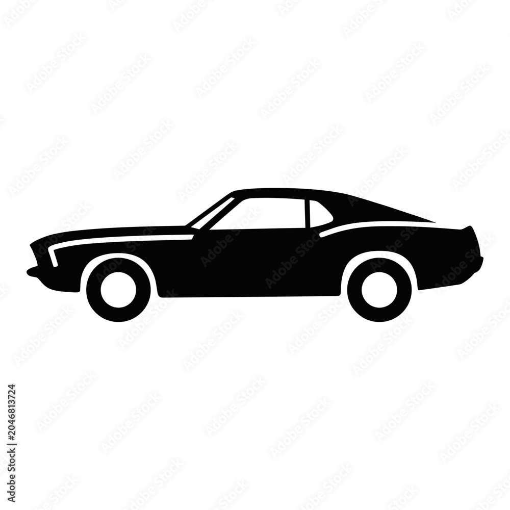 Fototapeta premium Classic Vintage Muscle Car Black and White Silhouette Vector Icon Isolated on White Background