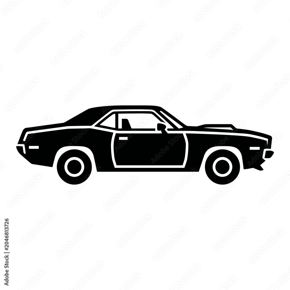 Obraz premium Classic Vintage Muscle Car Black and White Silhouette Vector Icon Isolated on White Background