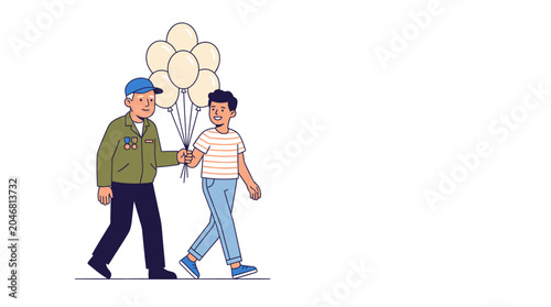Military Veteran Grandfather and Grandson Walking Together with Balloons, Family Celebration Illustration