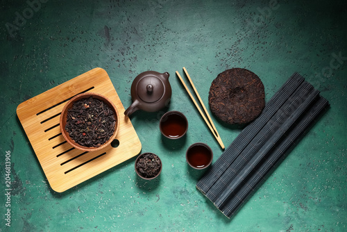 Wooden tray with teapot, cu...