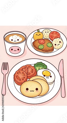 Colorful cartoon seafood and sushi meal on plates.