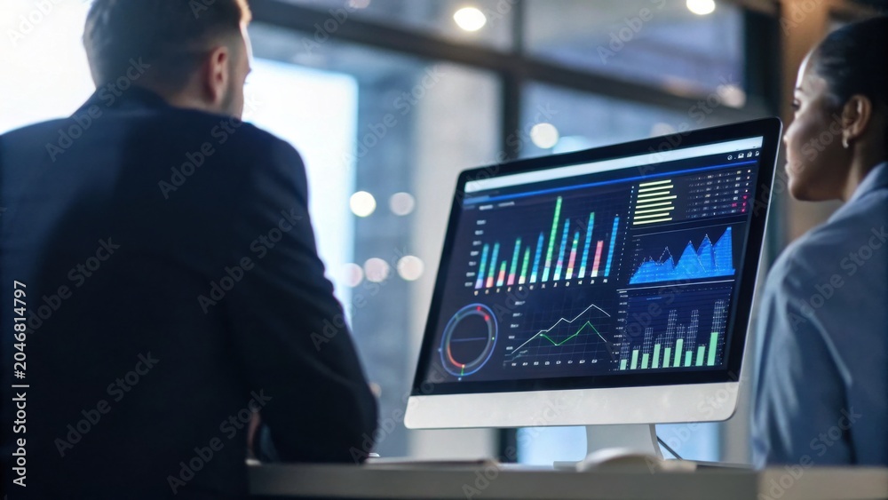 Fototapeta premium Two professionals analyze colorful data visualizations and charts on a desktop screen in a modern office setting.