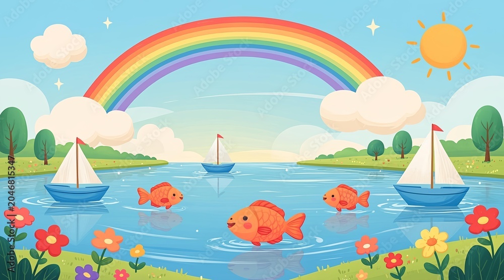 Naklejka premium Colorful Illustration of Smiling Fish Swimming in a Sunny Lake with Sailboats and a Rainbow