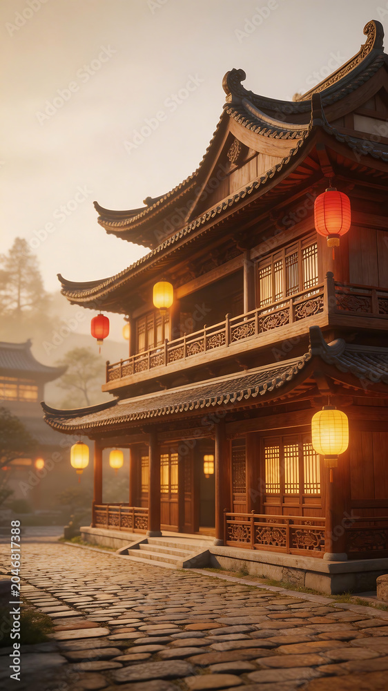 Obraz premium Traditional Asian building with lanterns highlighting environmental conservation and serenity