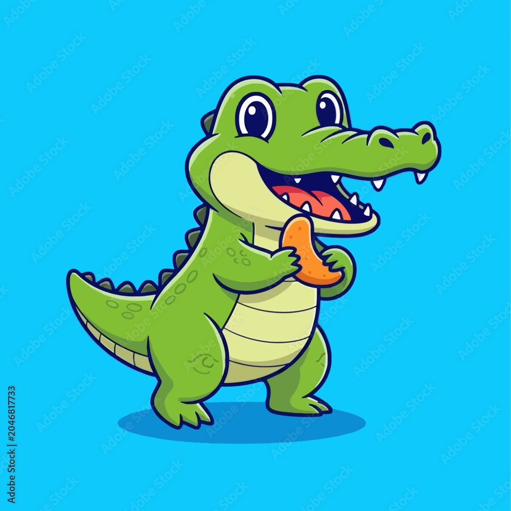 Fototapeta premium Cute cartoon alligator holding a piece of food.