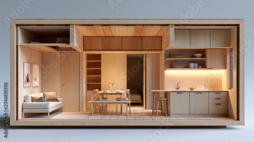 Warm Wooden Apartment Model with Open Room Layout and Small Kitchen