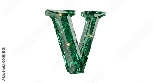 Sparkling emerald gemstone letter v with crystalline facets