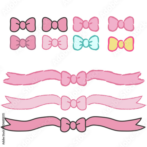 Pink ribbon vector illustration set with tied bows and long tails