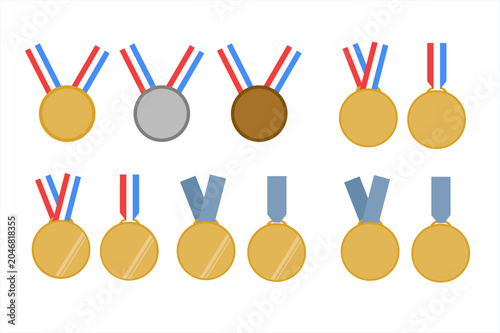 Gold silver and bronze medals with ribbons for winners