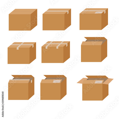 Cardboard delivery box vector illustration set featuring taped and opened styles