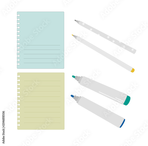 School stationery graphic elements with torn notebook sheets and colorful markers
