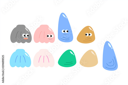 Colorful sea shell graphic elements collection with funny faces