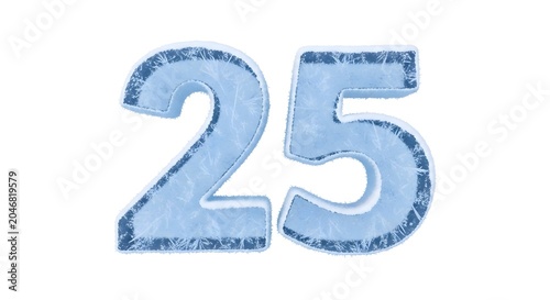 Number twenty five made of frozen blue ice on white background