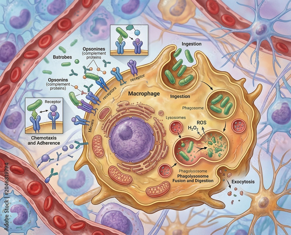 Naklejka premium Detailed scientific illustration of a macrophage in action, showcasing the intricate cellular mechanisms of the immune system's defense against bacterial invasion