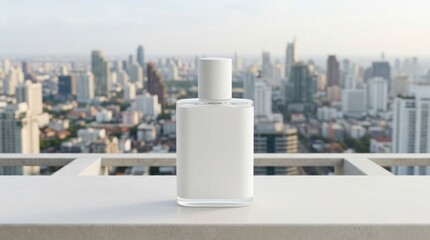 Blank perfume bottle mockup on urban rooftop terrace with blurred city skyline view for luxury fragrance branding presentation