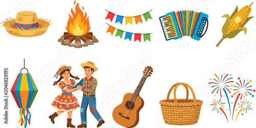 Traditional brazilian festa junina icons and celebrating couple